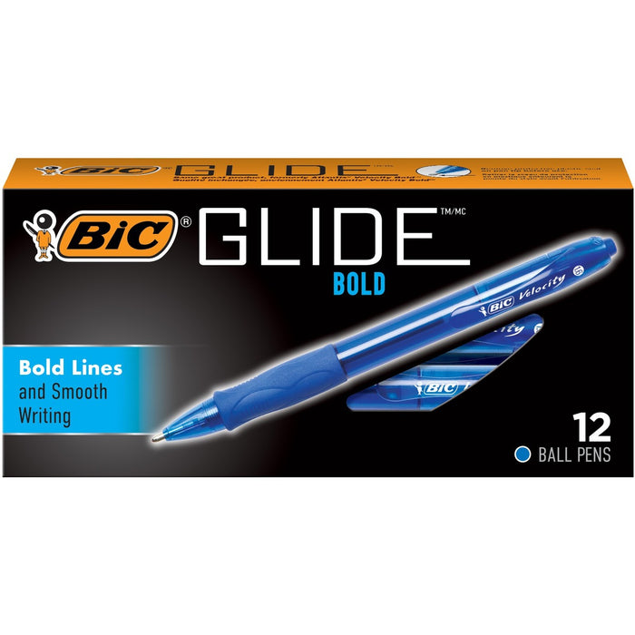 BIC Glide Bold Retractable Ball Pen, Blue, 12 Pack - Refillable - Retractable - Blue Ink - 12 / Box