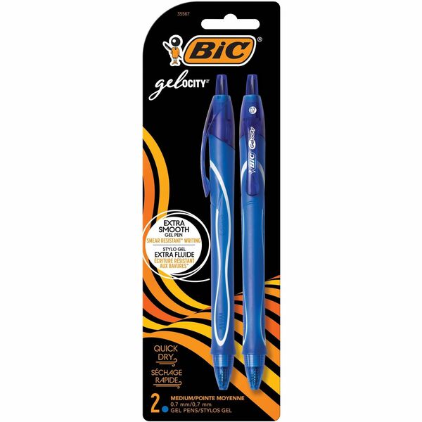 BIC Gel-ocity Original Retractable Gel Pen, Medium Point (0.7 mm), Blue, Comfortable, Contoured Grip, 2-Count - 0.7 mm (0.03") Medium Pen Point - Retractable - Blue Ink - Gel-based - 2 / Pack