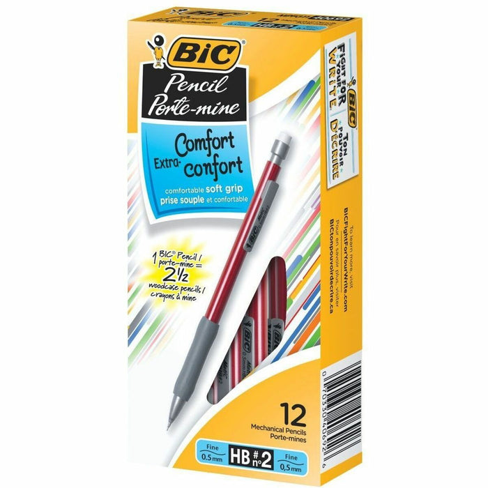 BIC Pencil Extra Comfort Mechanical Pencil, Medium Point (0.7 mm), Black, Soft Grip For Comfort & Added Control, 12-Count - 0.5 mm (0.02") Black Lead - #2 - Fine Point - Assorted Barrel - 12 / Dozen