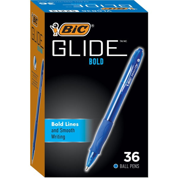 BIC Glide Bold Ballpoint Pens, Bold Point (1.6 mm), Blue Ink Pens, Translucent Barrel, 36-Count Pack - 1.6 mm (0.06") Pen Point - Retractable - Blue Ink - 36 / Pack