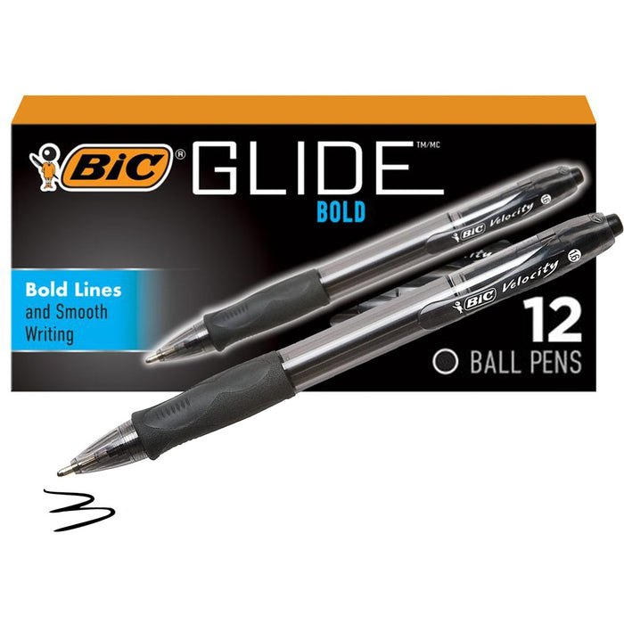 BIC Glide Bold Black Ballpoint Pens, Bold Point (1.6 mm), 12-Count Pack, Retractable Ballpoint Pens With Comfortable Full Grip - Retractable - Black Ink - 1 / Dozen