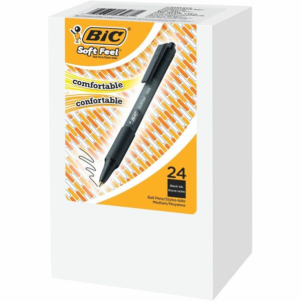 BIC Soft Feel Black Retractable Ballpoint Pens, Medium Point (1.0 mm), 24-Count Pack, Black Pens With Soft-Touch Comfort Grip - Medium Pen Point - Retractable - Black - 24 / Box