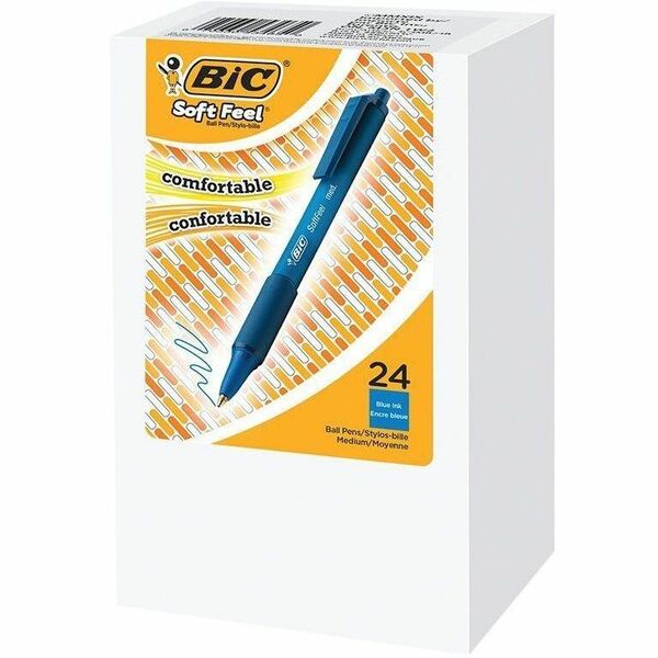 BIC Soft Feel Blue Retractable Ballpoint Pens, Medium Point (1.0 mm), 24-Count Pack, Blue Pens With Soft-Touch Comfort Grip - Medium Pen Point - Retractable - Blue Ink - 24 / Box