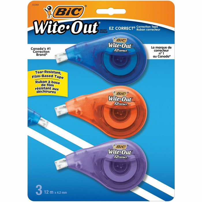 BIC Wite-Out Brand EZ Correct Correction Tape, 12 Metres, 3-Count Pack of white Correction Tape, Fast, Clean and Easy to Use Tear-Resistant Tape Office or School Supplies - 0.16" (4.06 mm) Tape Width x 39.3 ft (12 m) Tape Length - 1 Line(s) - Tear Resista