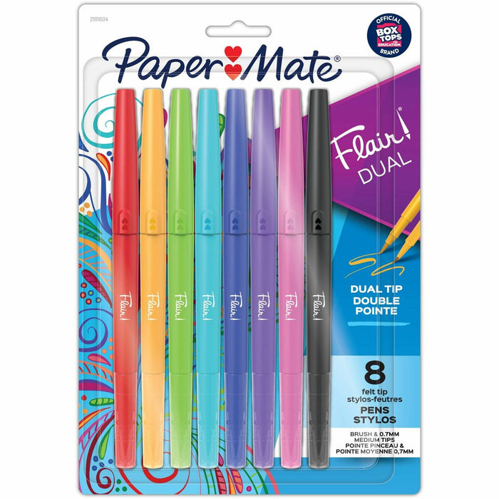 Paper Mate Flair DUAL Pens, Brush & Medium Tips (0.7mm) - 0.7 mm Pen Point - Assorted Ink - 8 / Pack