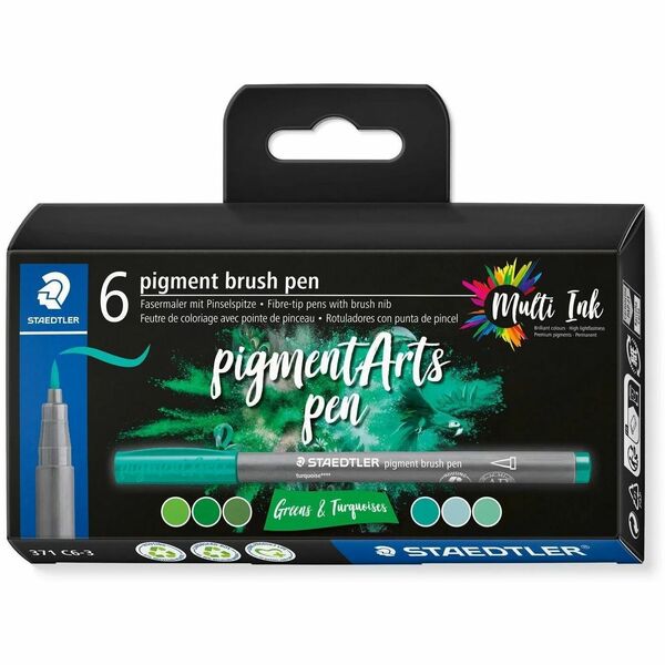Staedtler Pigment Brush Pen 371 - Brush Pen Point - Green, Turquoise Ink - Pigment-based - Fiber Tip - Coloring, Drawing, Multipurpose - 6 / Pack
