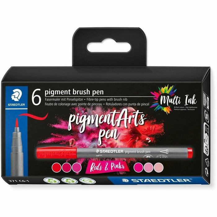 Staedtler Pigment Brush Pen 371 - Red, Pink Ink - Pigment-based - Fiber Tip - Coloring, Drawing, Multipurpose - 6 / Pack