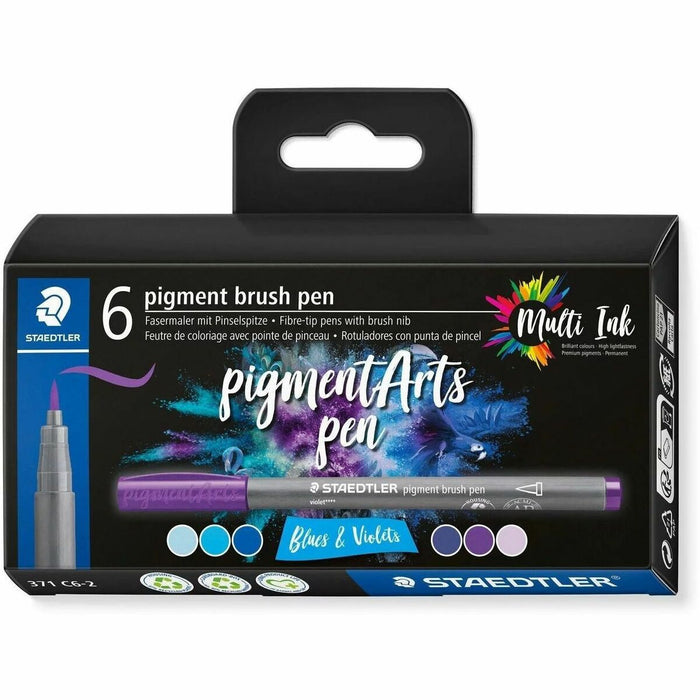 Staedtler Pigment Brush Pen 371 - Blue, Purple Ink - Pigment-based - Polypropylene Barrel - Fiber Tip - Coloring, Drawing, Multipurpose - 6 / Pack