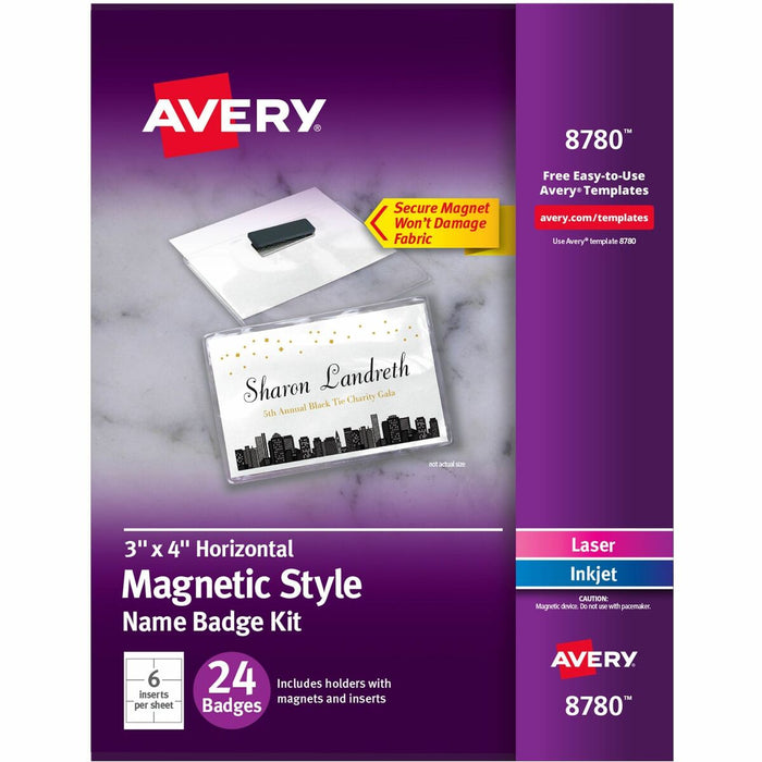 Avery&reg; Name Badges with Magnets, 3" x 4" , 24 Badges (8780) - 4" (101.60 mm) Width x 3" (76.20 mm) Height - Rectangular Shape - Magnetic, Reusable, Printable, Durable - Home, Office - Card Stock, PVC Plastic - White - 24 / Pack