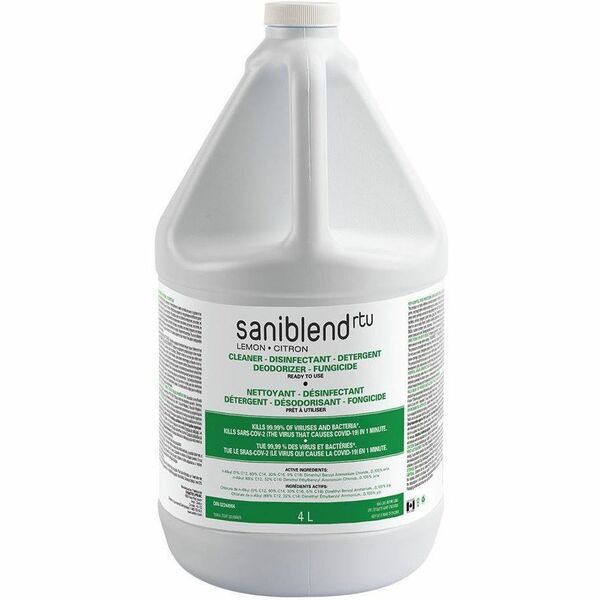 Safeblend SaniBlend Ready-To-Use Disinfectant & Sanitizer - Ready-To-Use - 4 L - 11.7 pH - Lemon Fresh Scent - Deodorize, Fungicide, Mildewstatic, Tuberculocide, Virucidal, Phosphate-free, Water Soluble, Bleach-free, Ammonia-free, Bactericide - Yellow