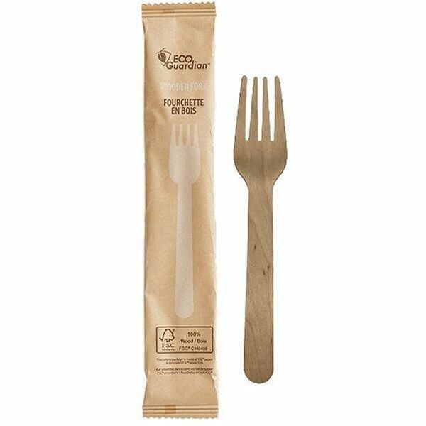 Eco Guardian 6.25" Wooden Fork, Individually Wrapped, Compostable - FSC 100% Certified - Fork - Fork - Food - Birch Wood - 100 / Pack