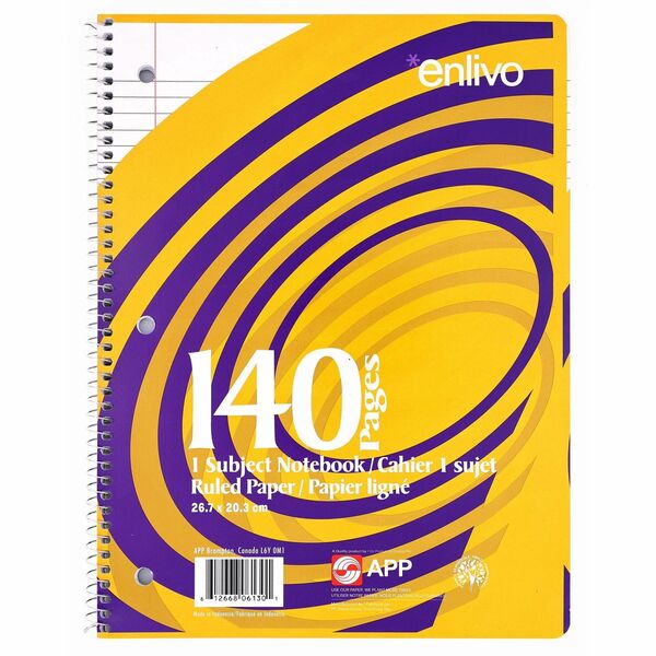 Enlivo Coil Exercise Book, Ruled, 10.5"x8" , 140pg - 1 Subject(s) - 140 Pages - Spiral Bound - Letter - 10.50" (266.70 mm) Height x 8" (203.20 mm) Width - Micro Perforated - 1 Each