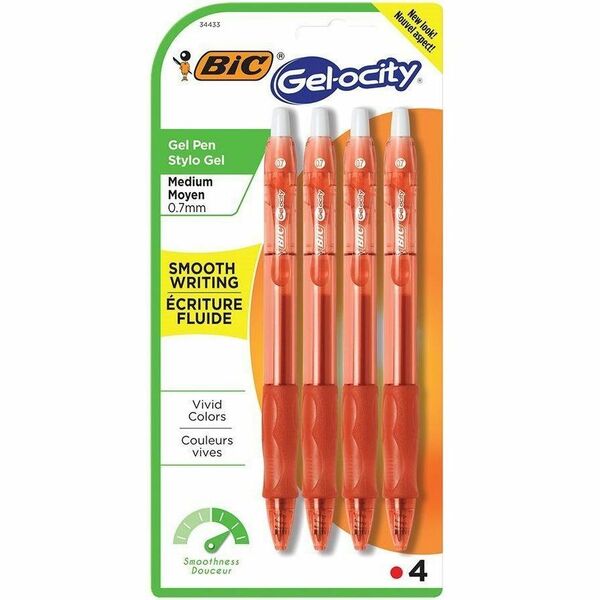 BIC Gel-ocity Gel Pen - 0.7 mm (0.03") Pen Point - Retractable - Red Ink - Gel-based - 4 / Pack