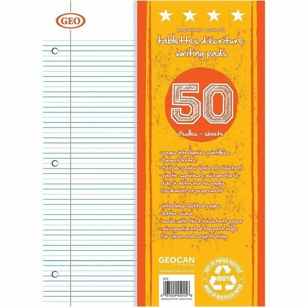 GEO Writing Pads, Pack of 2 - 50 Sheets - Interlined, Dotted - 3 Hole(s) - Letter - 8 1/2" x 11" - 9.06" (230 mm) x 7.09" (180 mm) - Micro Perforated, Easy Tear - Recycled - 2 / Pack