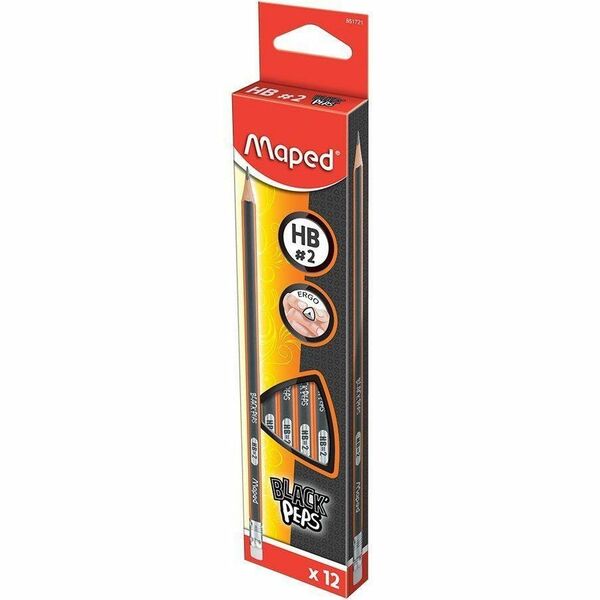 Maped Graphite High Quality Pencils with Eraser Tip - Box of 12 - HB - HB Lead - Black Barrel - 12 / Box