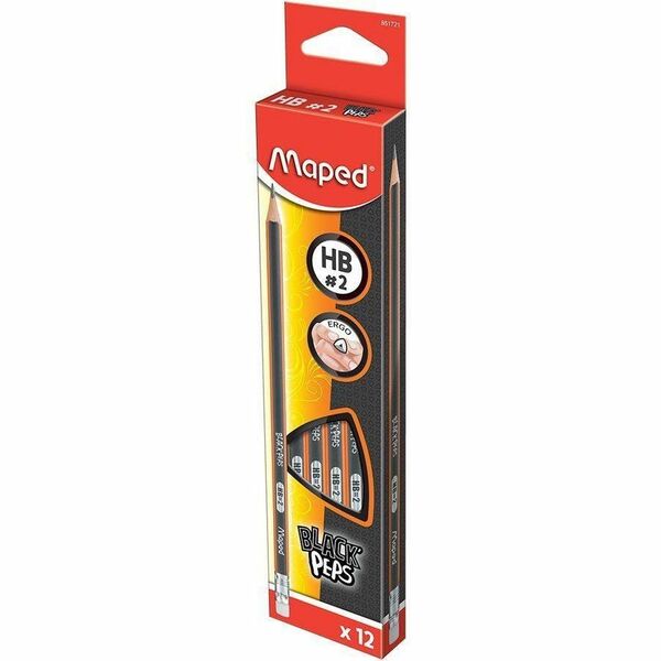 Maped Graphite High Quality Pencils with Eraser Tip - Box of 12 - HB - HB - Black Barrel - 12 / Box