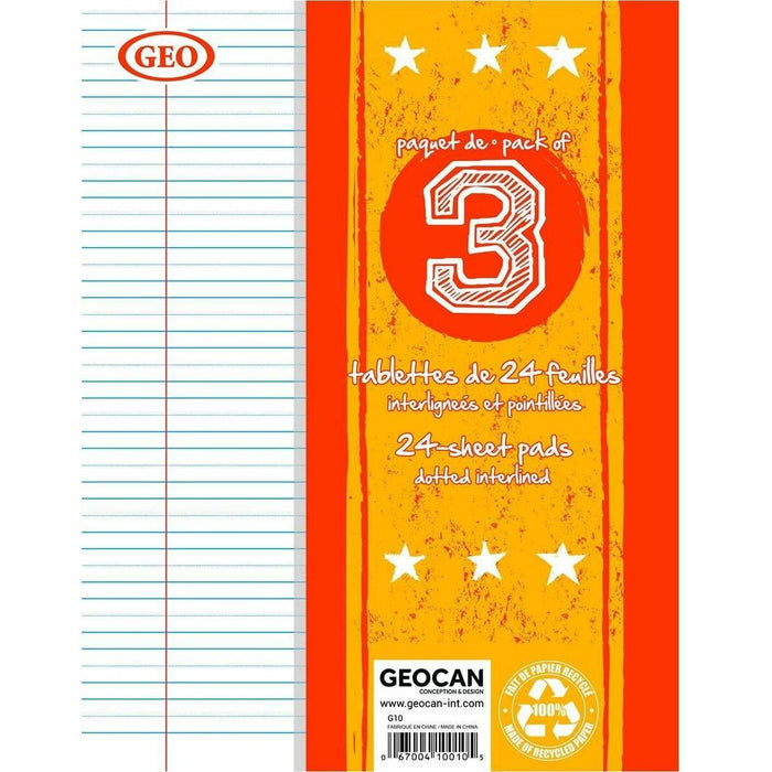GEO Small Writing Pads, Pack of 3 - 48 Pages - Interlined, Dotted Front Ruling - 7" (17.78 cm) x 9" (22.86 cm) Sheet Size - 9.06" (230 mm) Height x 7 3/32" (18 cm) Width - Double Sided Sheet - Yes - 3 / Pack