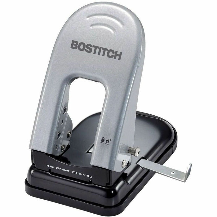 Bostitch EZ Squeeze Two-Hole Punch, 40 Sheets - 2 Punch Head(s) - 40 Sheet - 9/32" (7.14 mm) Punch Size - Metal, Plastic - 4.38" (111.25 mm) Width x 6.50" (165.10 mm) Depth x 2.75" (69.85 mm) Height - Silver, Black