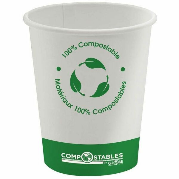Globe Single Wall Hot/Cold Compostable Paper Cups - 8 Oz / White - 236.59 mL - White - Paper, Polylactic Acid (PLA) - Coffee, Tea, Beverage, Hot Drink, Cold, Juice, Water - 1000 / Case