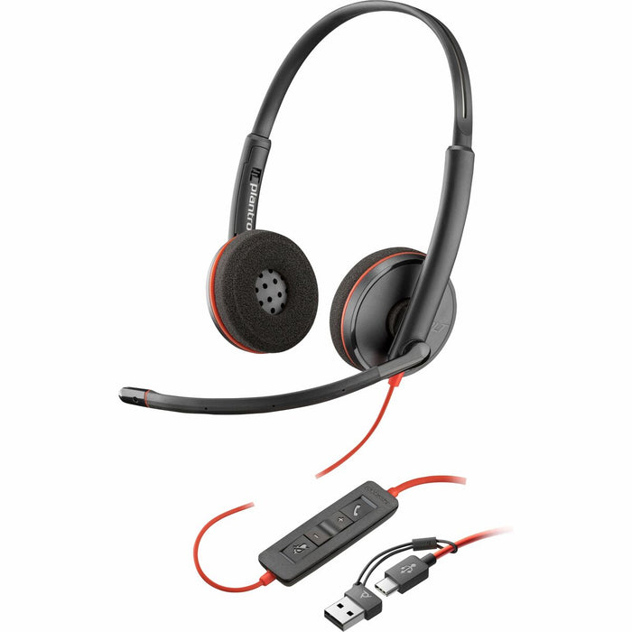 Poly Blackwire 3220 Stereo USB-C Headset + USB-C/A Adapter (Bulk) - Stereo - USB Type C, Mini-phone (3.5mm) - Wired - 32 Ohm - 20 Hz to 20 kHz - On-ear, Over-the-head - Binaural - Supra-aural - 5.2 ft (1.58 m) Cable - Omni-directional, Noise Cancelling Mi