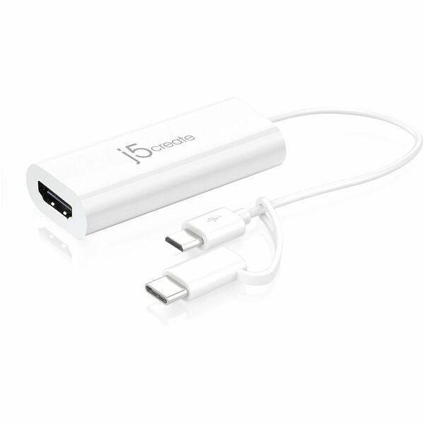 j5create Android USB to HDMI Display Adapter - 1 x micro usb type b - male, Usb type c - male - 1 x Hdmi digital audio/video - male - 1920 x 1080 Supported - White - 1 Each