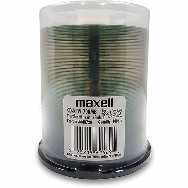 Maxell CD Recordable Media - CD-R - 48x - 700 MB - 100 / Each - 120mm - Single-layer Layers - Printable - Thermal, Inkjet Print Technology - 1.33 Hour Maximum Recording Time
