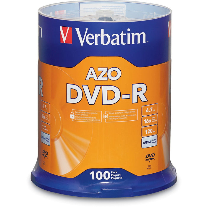 Verbatim 95102 DVD Recordable Media - DVD-R - 16x - 4.70 GB - 100 / Each - 120mm - 2 Hour Maximum Recording Time
