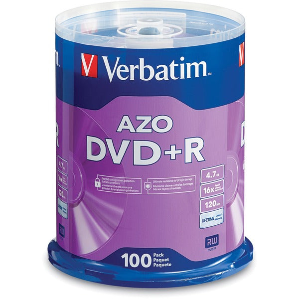 Verbatim 95098 DVD Recordable Media - DVD+R - 16x - 4.70 GB - 100 / Each - 120mm - 2 Hour Maximum Recording Time