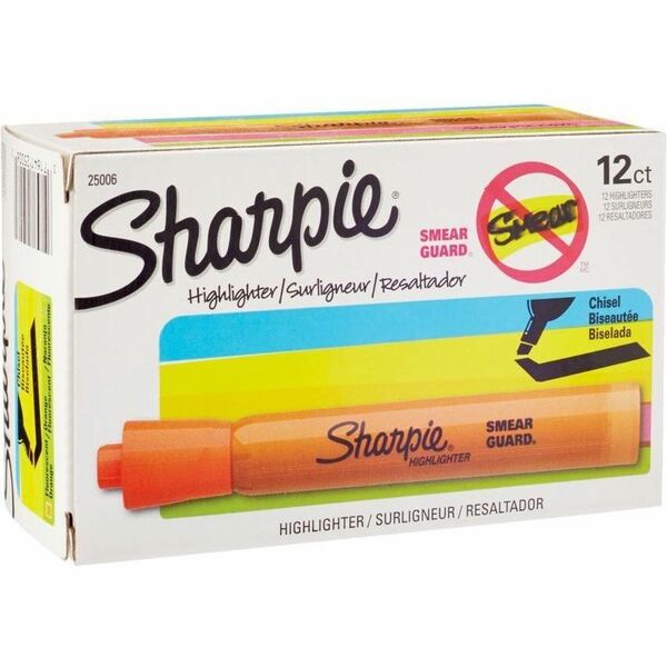Sharpie SmearGuard Tank Style Highlighters - Broad Chisel Marker Point - Fluorescent Orange Ink - Orange Barrel - 12 / Box