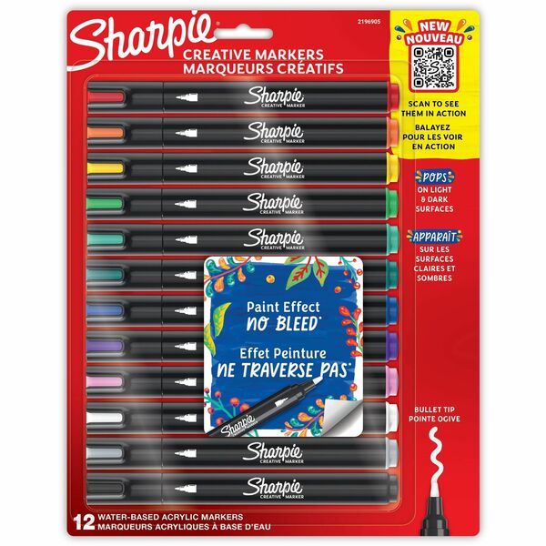 Sharpie Creative Markers, Water-Based Acrylic Markers, Bullet Tip - Bullet Marker Point Style - Assorted Water Based Ink - Black Barrel - 12 / Pack