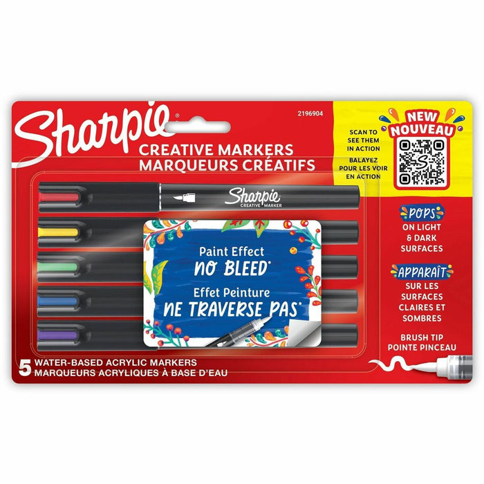 Sharpie Creative Markers, Water-Based Acrylic Markers, Brush Tip - Assorted Ink - Water Based - 5 / Pack