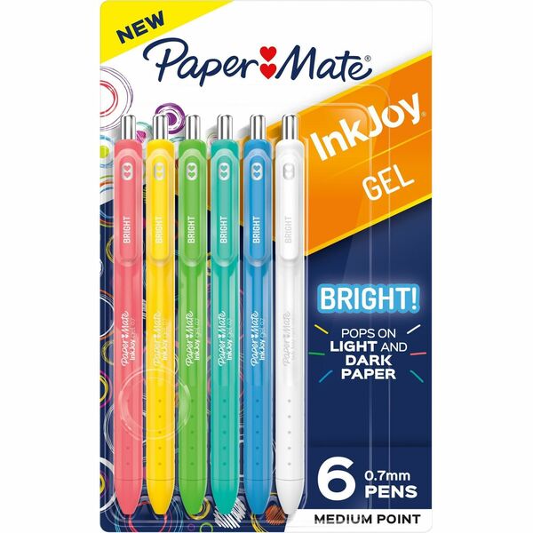 Paper Mate Inkjoy Gel Bright! Pens, Medium Point (0.7mm) - Medium Pen Point - 0.7 mm Pen Point Size - Retractable - Assorted Gel-based Ink - Assorted Barrel - 6 / Pack