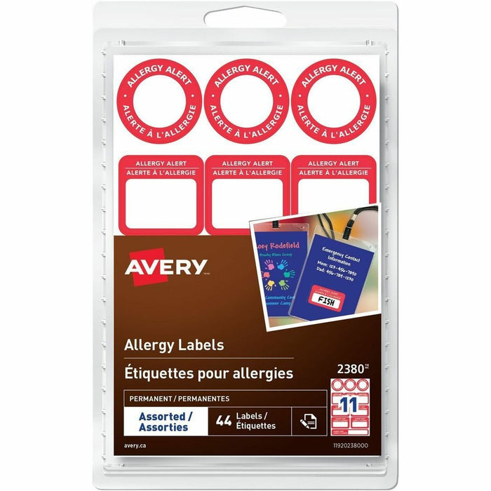 Avery&reg; Write-On Allergy Alert Labels - Waterproof - Allergy Alert - 4" (101.60 mm) Width x 6" (152.40 mm) Length - Permanent Adhesive - Assorted - White - Red Border - 44 / Pack