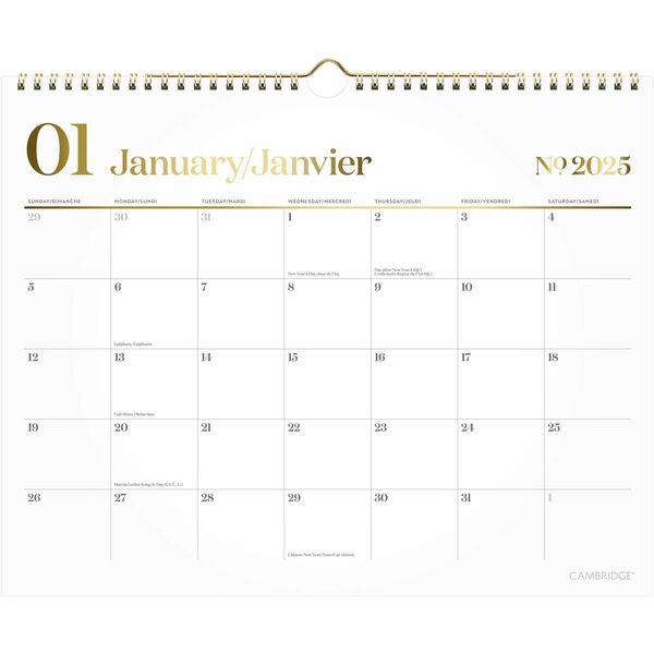 Mead WorkStyle Wall Calendar 15" x 12" Bilingual White/Gold - 12 Month - January 2025 - December 2025 - 1 Month Single Page Layout - 12" x 15" Sheet Size - Twin Wire - Wall Mount - White, Gold - 12" Height x 14.9" Width - Unruled Monthly Section, Durable,