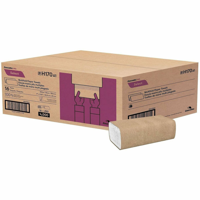 Cascades PRO Paper Hand Towels - 1 Ply - Multifold - 9.1" x 9.4" - White - Fiber - Chlorine-free For Hand, Industry, Education, Food Service, Retail - 16 / Case - 4000 Sheets/Case