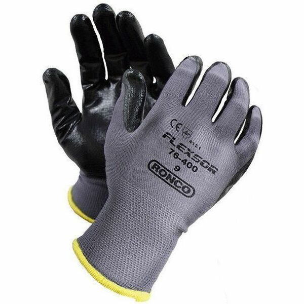 RONCO Flexsor 76-400 Work Gloves - Nitrile Coating - Small Size - Nylon - Black - Reusable, Excellent Grip, Comfortable, Abrasion Resistant, Breathable, Soft, Seamless, Flexible, Knit Wrist - For Assembly, Shipping, Machinery, General Trade, Warehouse, Fi
