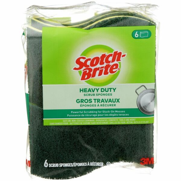 Scotch-Brite Scrub Sponges - 4.4" (111.8 mm) Width x 4.5" (114.3 mm) Length x 0.6" (15.2 mm) Thickness - 6 / Pack - Fiber - Green, Yellow
