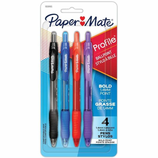 Paper Mate Profile Ballpoint Pen - 1.4 mm (0.06") Super Bold Pen Point - Retractable - Assorted Ink - Black, Blue, Red, Purple Barrel - 4 / Pack
