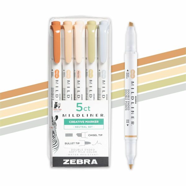 Zebra Mildliner Double-Ended Creative Highlighter Set - Neutral 5-Pack - Broad, Fine Pen Point - Fine Bullet, Bullet Marker Point - Neutral Assorted, Copper, Beige, Cream, Cool Gray, Olive Ink - White Barrel - Sketching, DIY Project, Planner, Office - 5 /