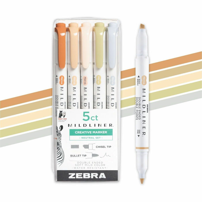 Zebra Mildliner Double-Ended Creative Highlighter Set - Neutral 5-Pack - Broad, Fine Pen Point - Broad Chisel, Chisel Marker Point - Neutral Assorted, Copper, Beige, Cream, Cool Gray, Olive Ink - White Barrel - Sketching, DIY Project, Planner, Office - 5