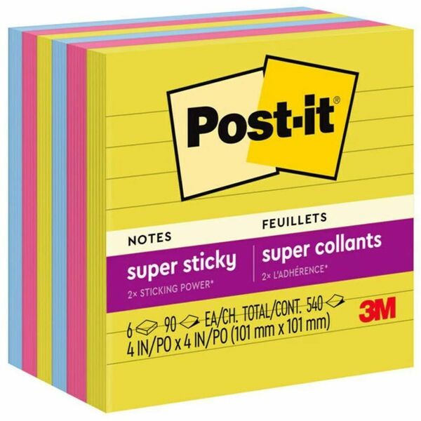 Post-it&reg; Super Sticky Notes 675-6SSJOY, 4 in x 4 in (101 mm x 101 mm) - 540 - 4" (101.60 mm) Flag/Note Width x 4" (101.60 mm) Flag/Note Length - Square - 90 Sheets per Pad - Ruled - Summer Joy - Recyclable, Super Sticky, Adhesive, Residue-free - 6 / P