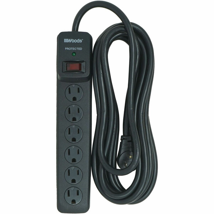Woods 6-Outlet 1180J Surge Protector - Black - 6 x AC Power - 1.80 kVA - 1180 J - 120 V AC Input - 15 ft (4.57 m) - Desk Mount