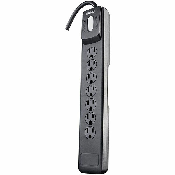 Woods 7-Outlet Electronics Surge Protector - Black - 7 x AC Power - 1.80 kVA - 1440 J - 120 V AC Input - 10 ft (3.05 m)