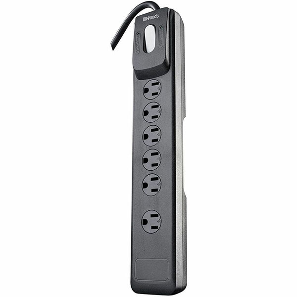 Woods 6-Outlet Electronics Surge Protector - Black - Right Angle - 6 x AC Power - 1.80 kVA - 1440 J - 120 V AC Input - 4 ft (1.22 m)