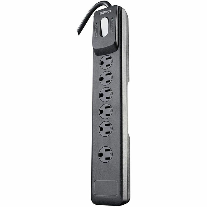 Woods 6-Outlet Electronics Surge Protector - Black - Right Angle - 6 x AC Power - 1.80 kVA - 1440 J - 120 V AC Input - 4 ft (1.22 m)