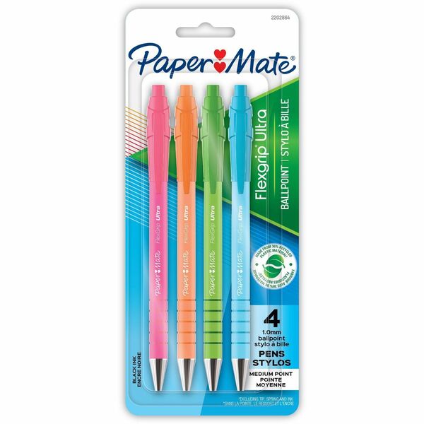 Paper Mate Flexgrip Ultra Recycled Pens - 1 mm (0.04") Medium Pen Point - Retractable - Black Ink - Green Rubberized, Pink, Orange, Blue, Assorted Barrel - 4 / Pack