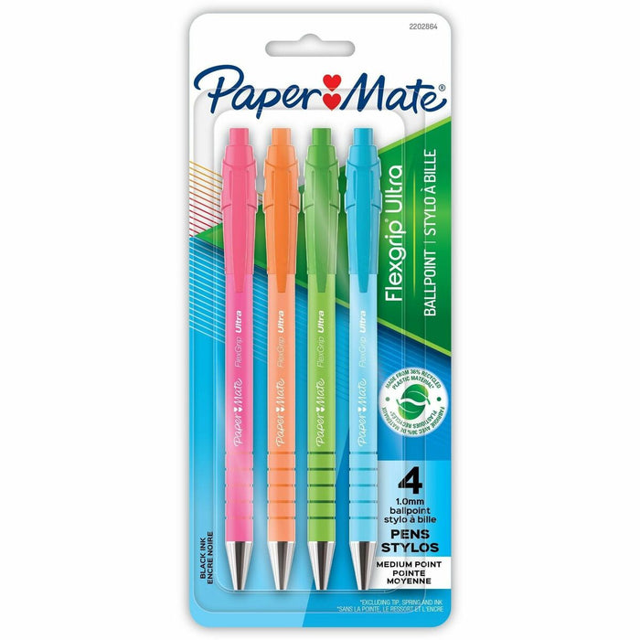 Paper Mate Flexgrip Ultra Recycled Pens - Retractable - Black Ink - Green Rubberized, Pink, Orange, Blue, Assorted Barrel - 4 / Pack