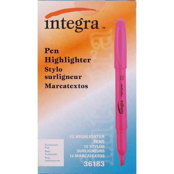 Integra Pen Style Fluorescent Highlighters - Chisel Marker Point - Fluorescent Pink Ink - 12 / Box