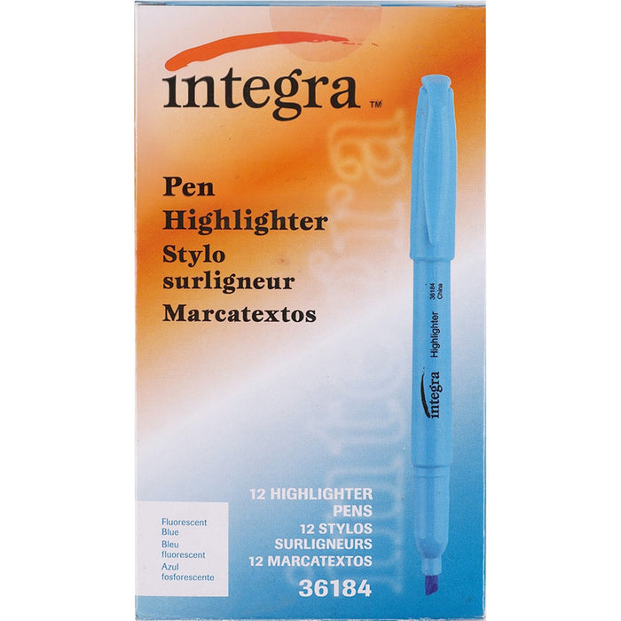 Integra Pen Style Fluorescent Highlighters - Fluorescent Blue Ink - 12 / Box