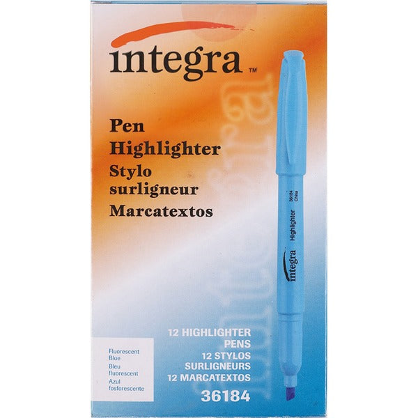 Integra Pen Style Fluorescent Highlighters - Chisel Marker Point Style - Fluorescent Blue - 12 / Box